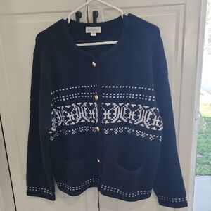 Bill Blass Navy and White Fair Isle Button Cardigan